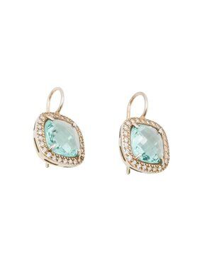 Gold Plated Sterling Blue CZ Halo Earrings 3/4" Dangle Rose Cut